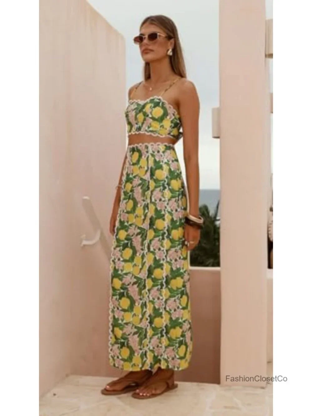 Women's 2 Piece Floral Crop Top and High Waisted Maxi Skirt Set